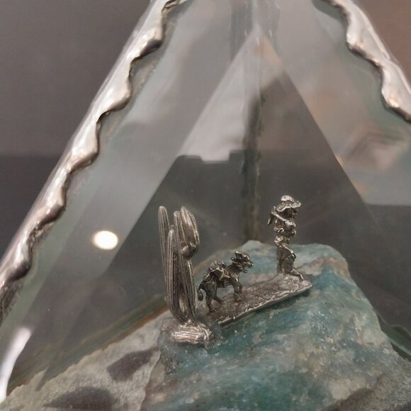 Beveled Glass And Pewter Pyramid Shaped Diorama Gold Miner Cactus Mule Burro - Picture 2 of 8
